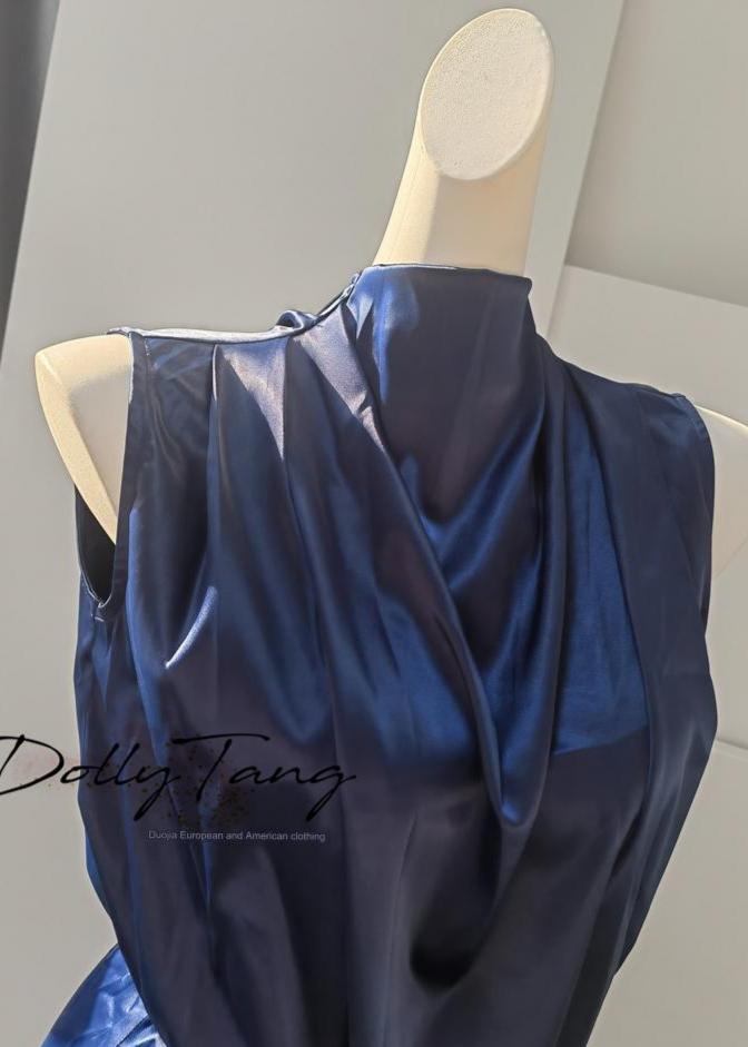 DOLLY Luxury Navy Blue Mock Neck Sleeveless Satin Long Slit Cocktail Dress-PRIYA