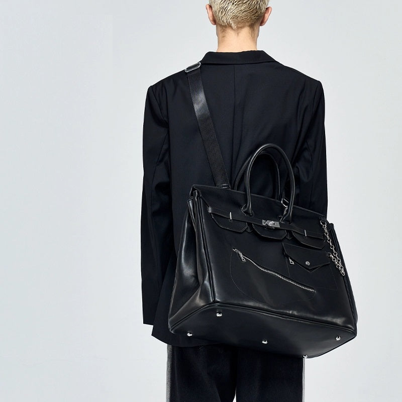 Birkin inspired handmade PU Leather Black tote buckle men/women's weekender travel overnight weekend handbag
