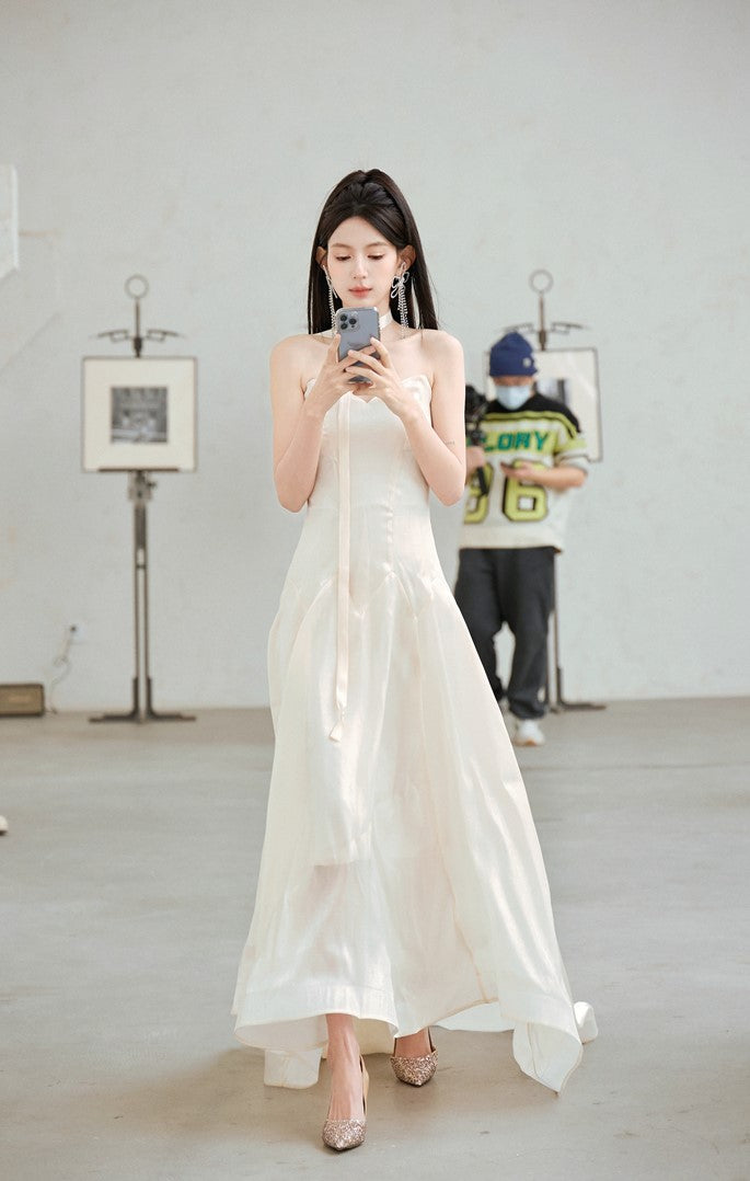 DOLLY High End Cream Sleeveless satin slip flow Wedding Dress-SONNI