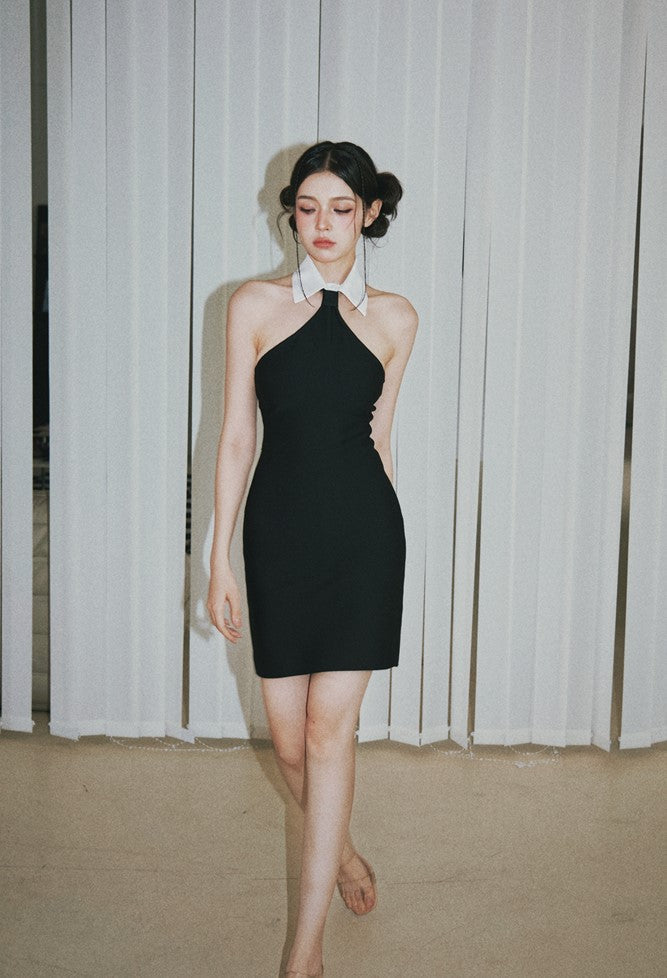 DOLLY Elegant White Lapel Sleeveless Backless Slim Fit Short Black Halter Neck Dress-VENETIA (V) TIA