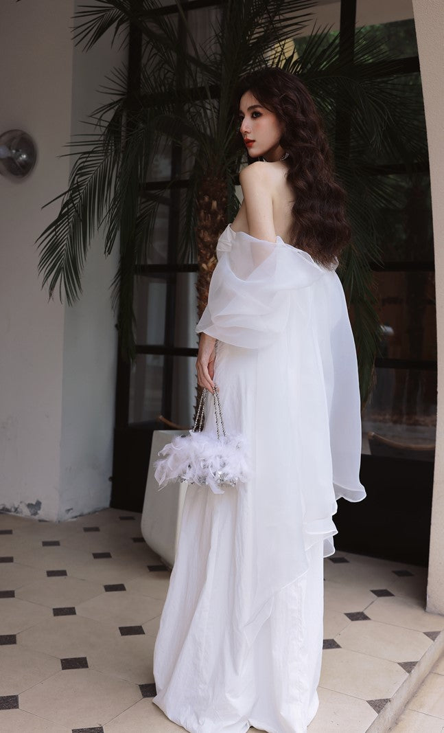 DOLLY Elegant White Off Shoulder Short Puff Sleeve High Waist Wedding Dress-NIKKA