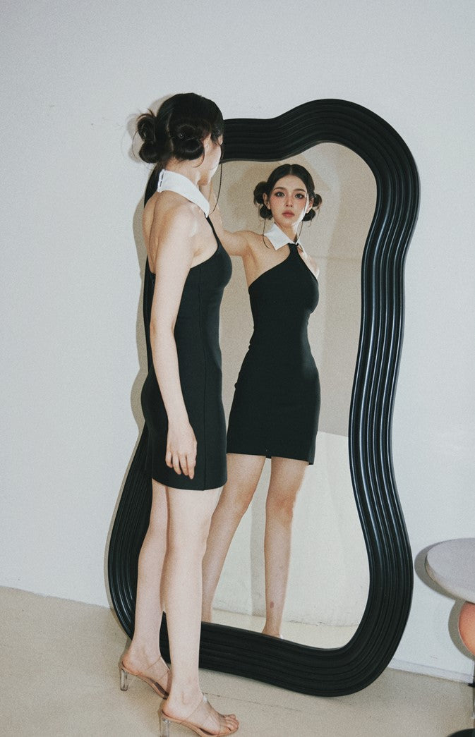DOLLY Elegant White Lapel Sleeveless Backless Slim Fit Short Black Halter Neck Dress-VENETIA (V) TIA