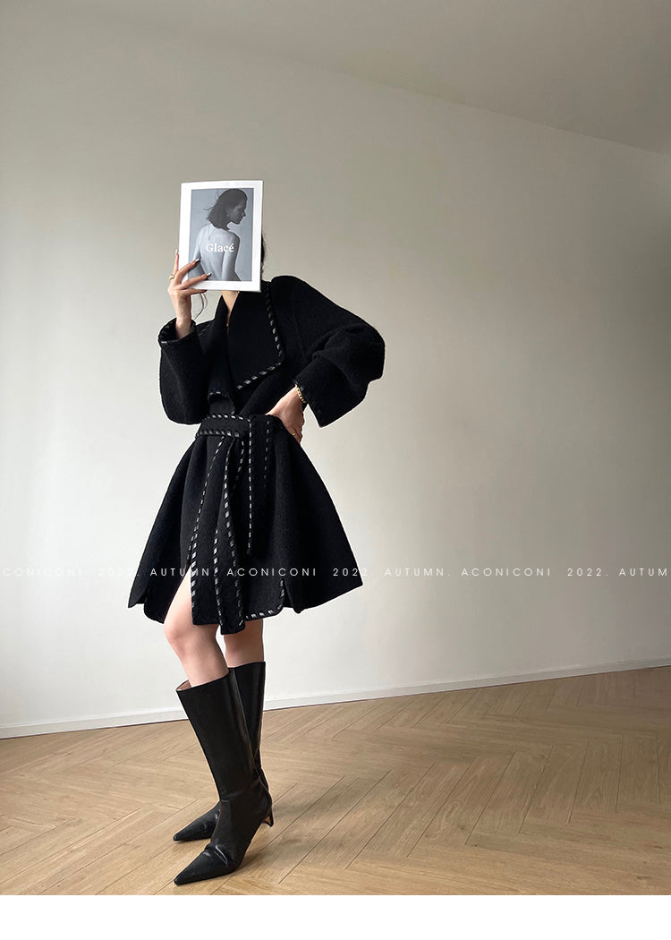 Aconiconi| Full wool coat classic double-sided wool woven belt coat -Nocturne