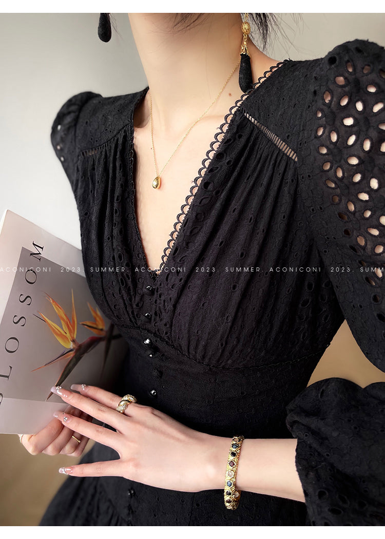 Aconiconi| French coffee break lace cotton white dress - Smoke