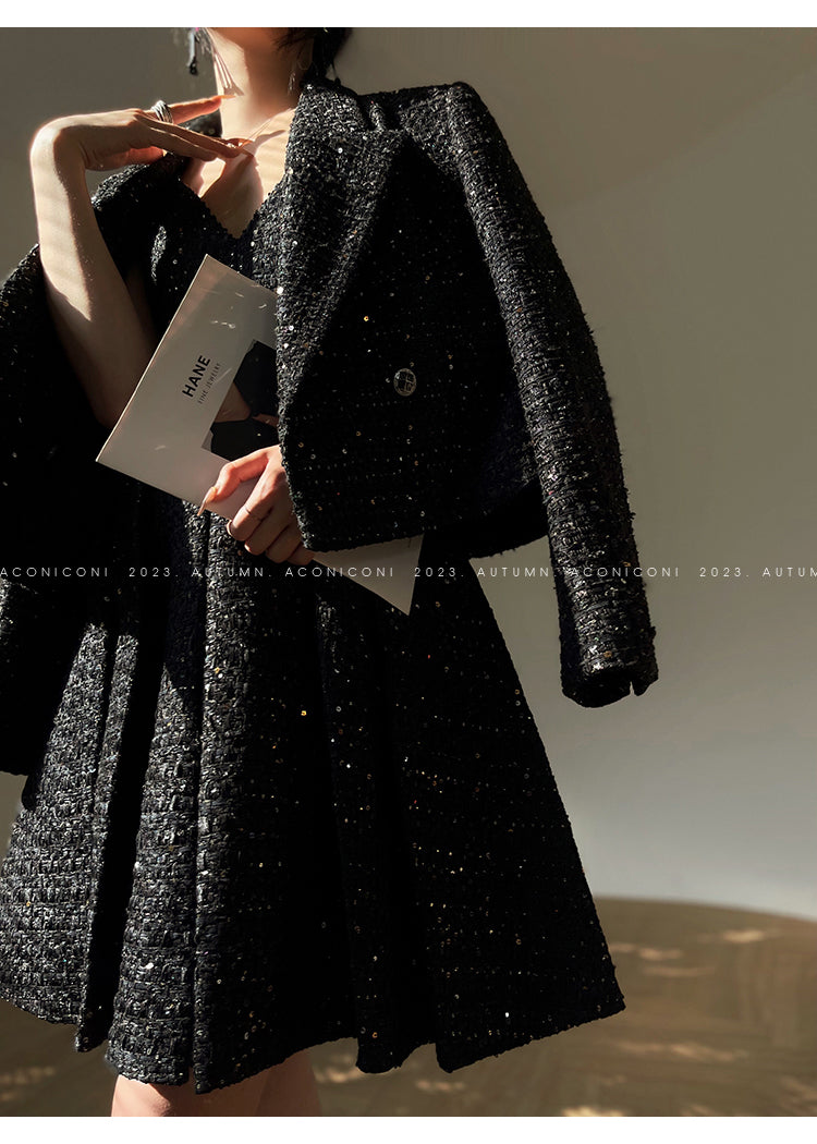 Aconiconi Tweed Sequins Fragrance Dress Skirt Loose Blazer Skirt