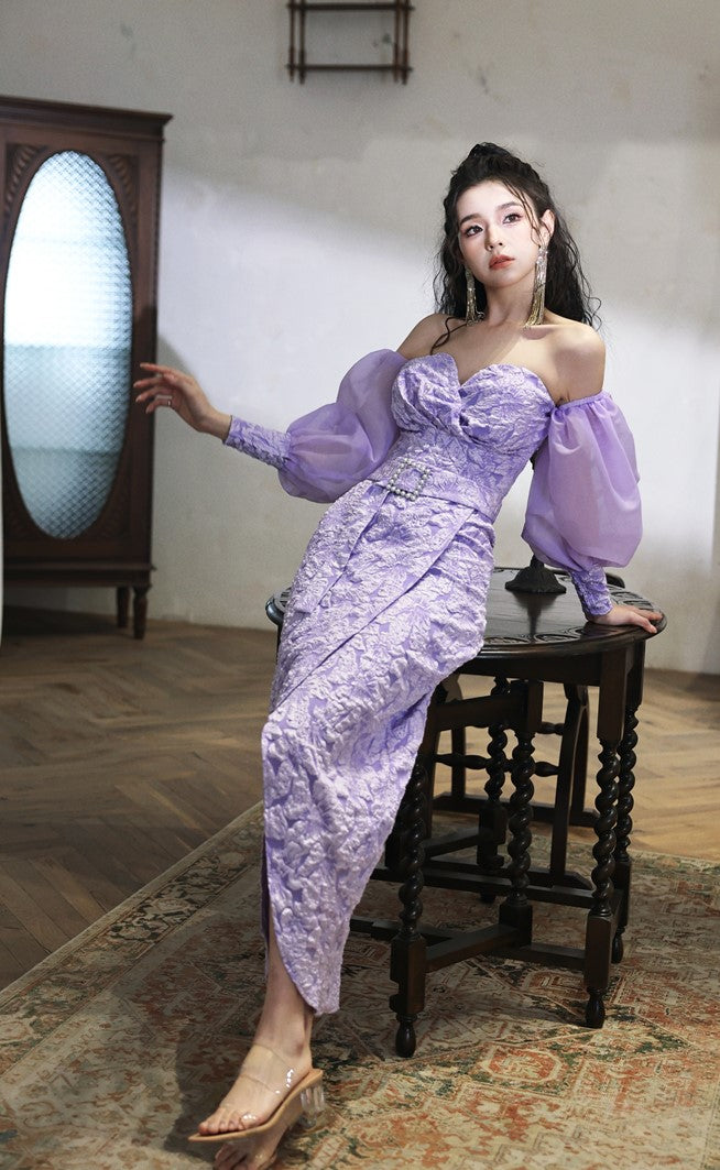 DOLLY Elegant Purple Puff Long Sleeve Off Shoulder Dinner Dress-GRISLLE