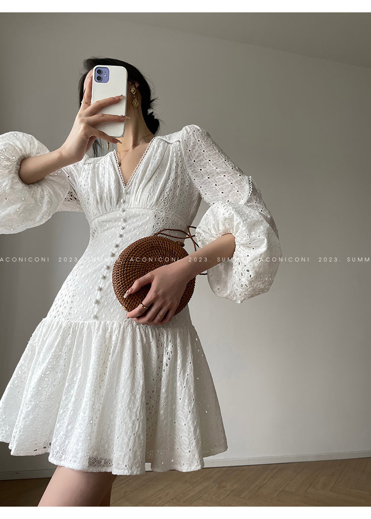 Aconiconi| French coffee break lace cotton white dress - Smoke