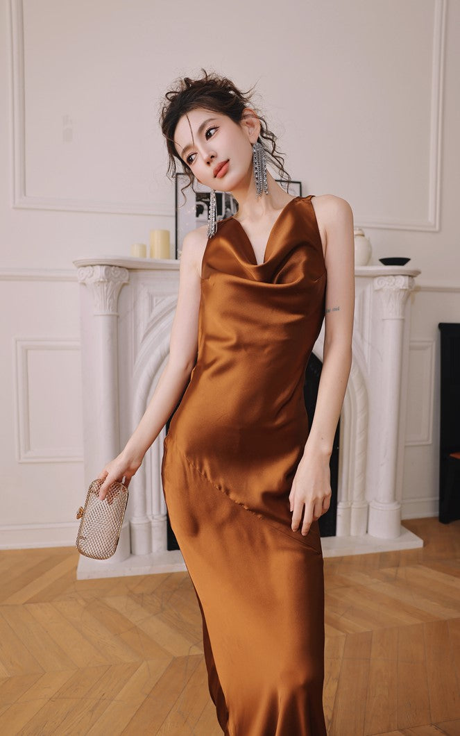 DOLLY Elegant Brown Retro Sleeveless Halter Neck Long Cocktail Dress-GIDDY