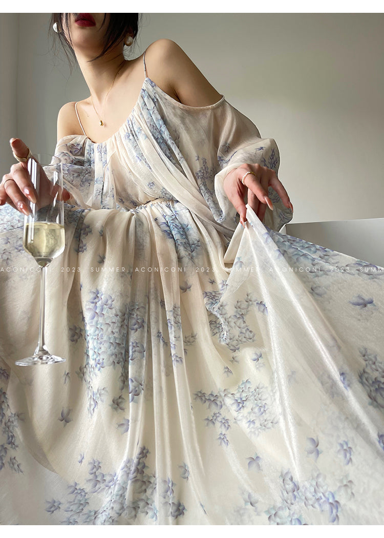 Aconiconi| Slip Off-the-Shoulder Top Skirt - Flower fairy