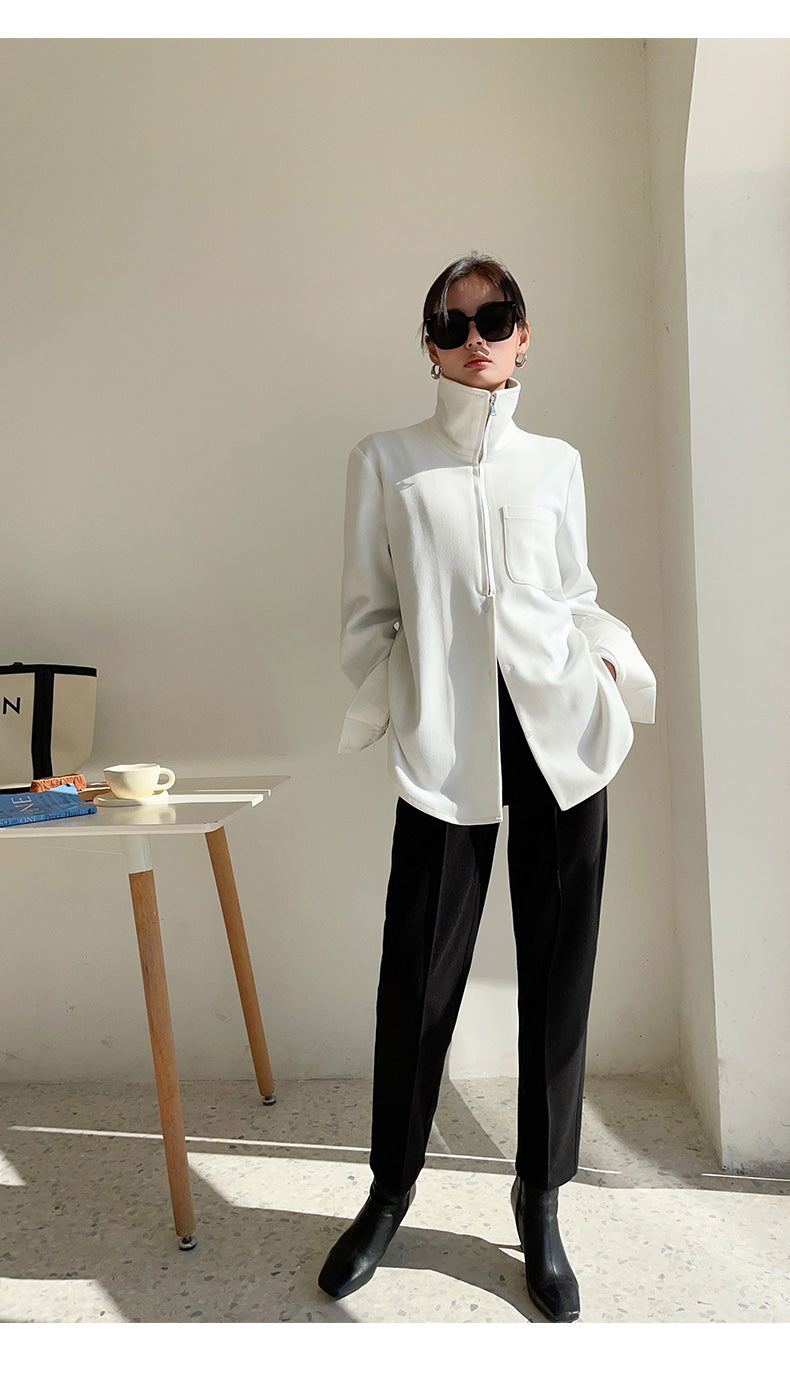 Half zipper white shirt women's autumn shirt- Tiloba