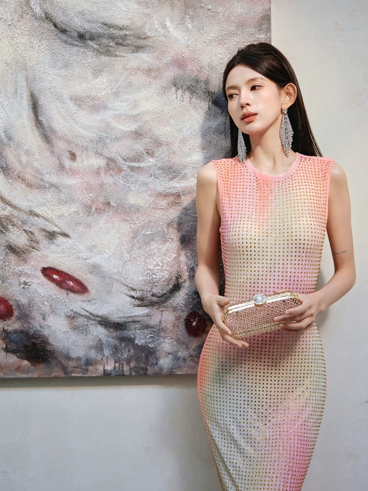 DOLLY High End Crew Neck Sleeveless Pink Gradient Dress-KILA