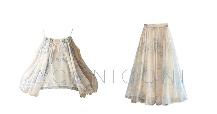 Aconiconi| Slip Off-the-Shoulder Top Skirt - Flower fairy