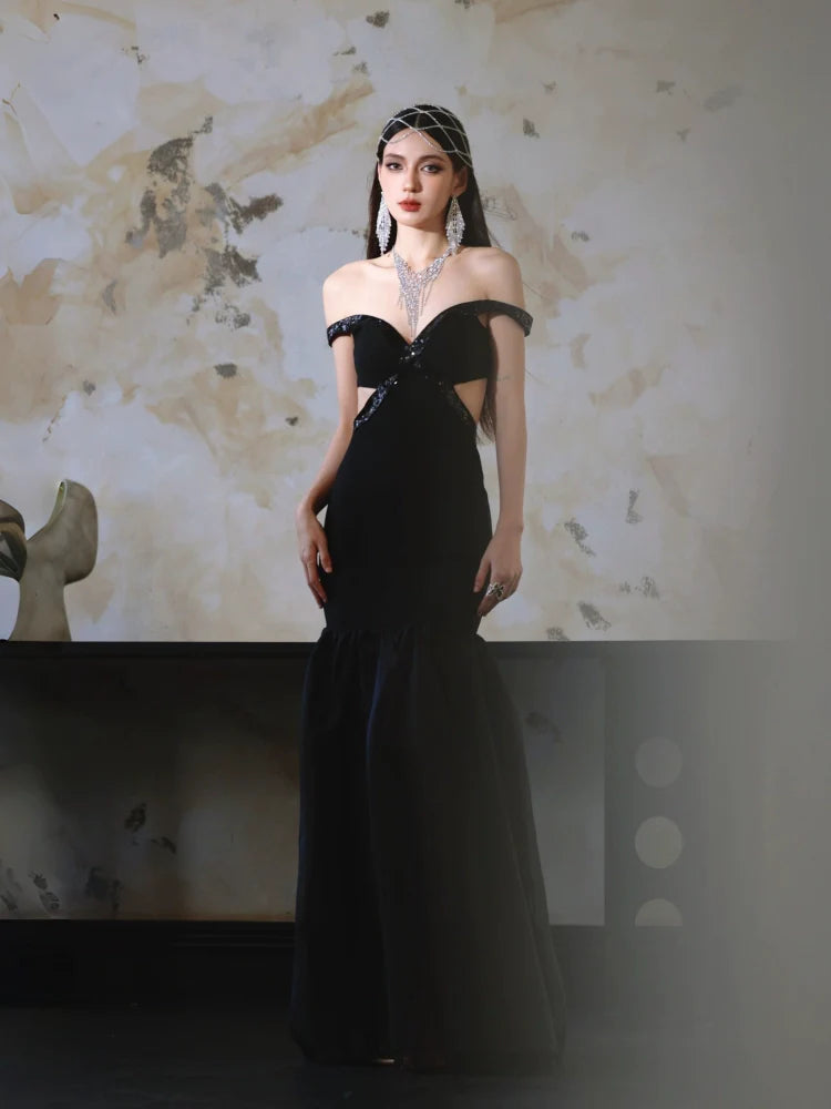 DOLLY High End Black Off Shoulder Sequin Tube Top Long Banquet Dress-Maris