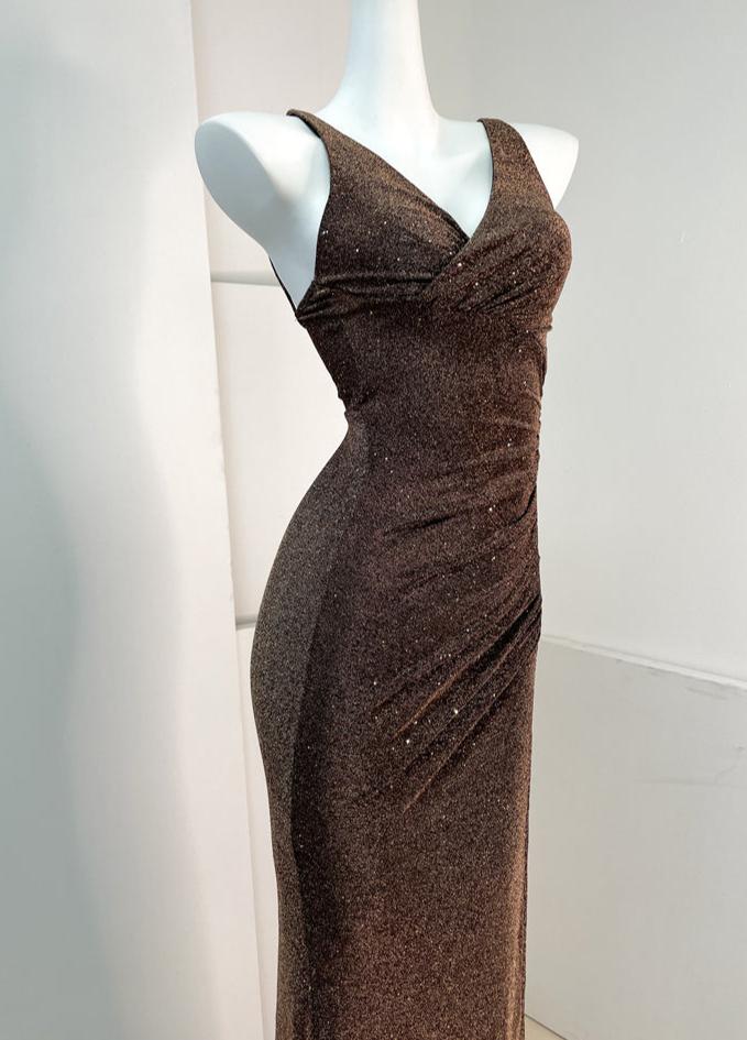 DOLLY Luxury Coffee Brown Sequin Sleeveless Long Slit Banquet Dress-Rola