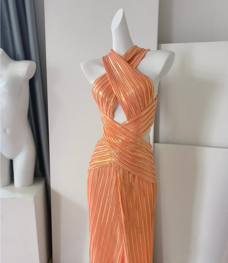 DOLLY Elegant Sleeveless Cross Halter Long Flowing Sexy Banquet Dress-LILITH