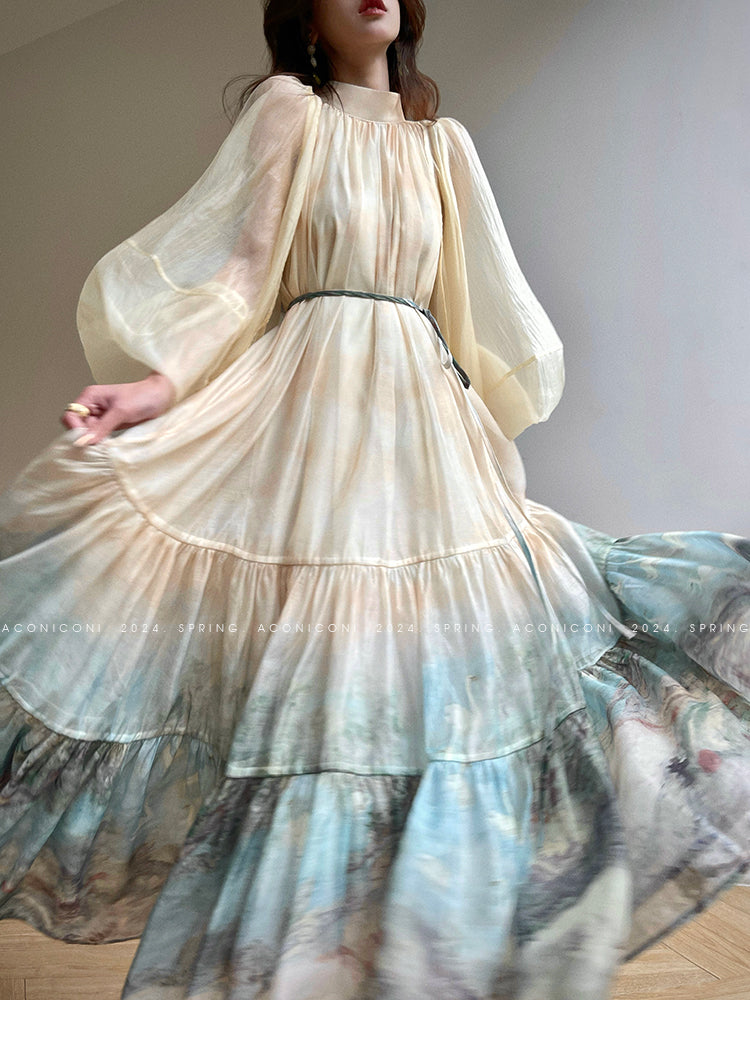 Aconiconi| Louvre Picture Reflection printed halter neck maxi skirt vacation dress - Miinia