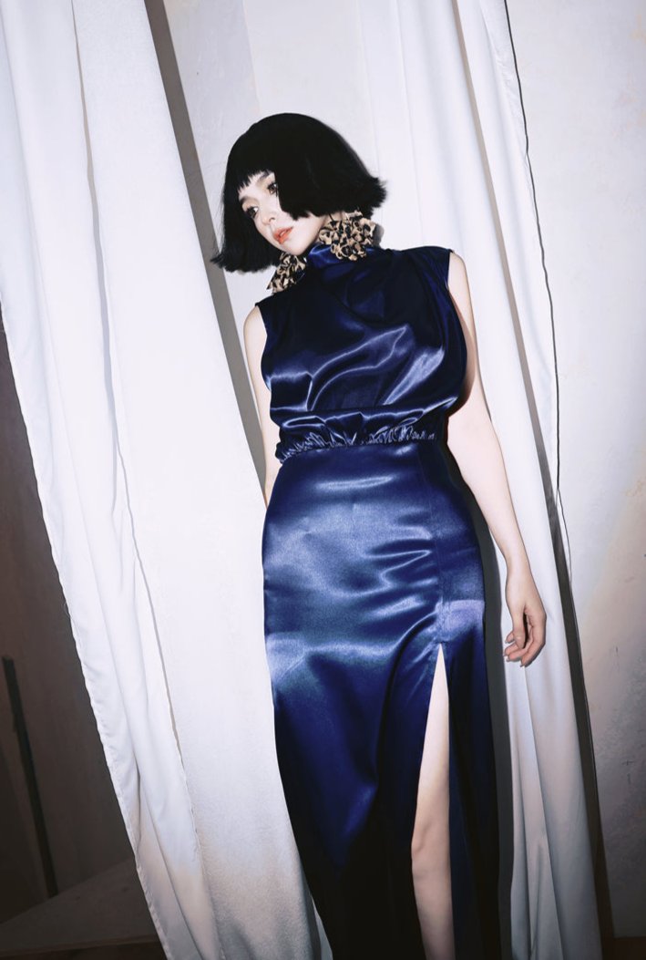 DOLLY Luxury Navy Blue Mock Neck Sleeveless Satin Long Slit Cocktail Dress-PRIYA