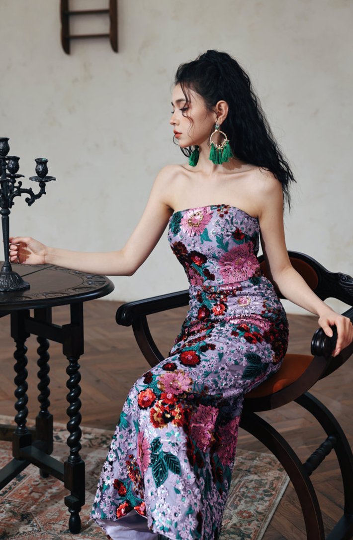 DOLLY Luxury Retro Purple Floral Embroidered Tube Top Long Sequin Party Dress-JOY