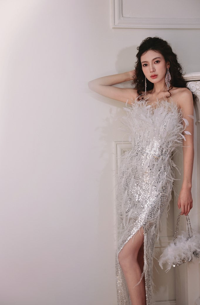 DOLLY Sliver White Feather Tube Top Long Slit Wedding Guest Dress-AGNES
