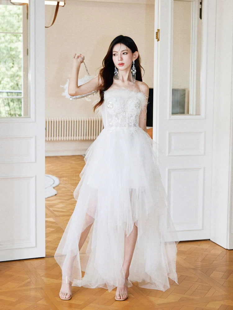 DOLLY Elegant White French Style Feather Chest Wrap Wedding Dress-MARIA (V)