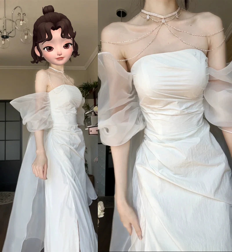 DOLLY Elegant White Off Shoulder Short Puff Sleeve High Waist Wedding Dress-NIKKA