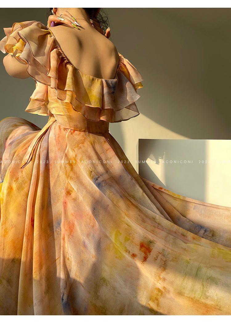 Aconiconi Elegant Oil Painting Square Collar Ruffle cocktail Dress- Floating Light Painting Summer