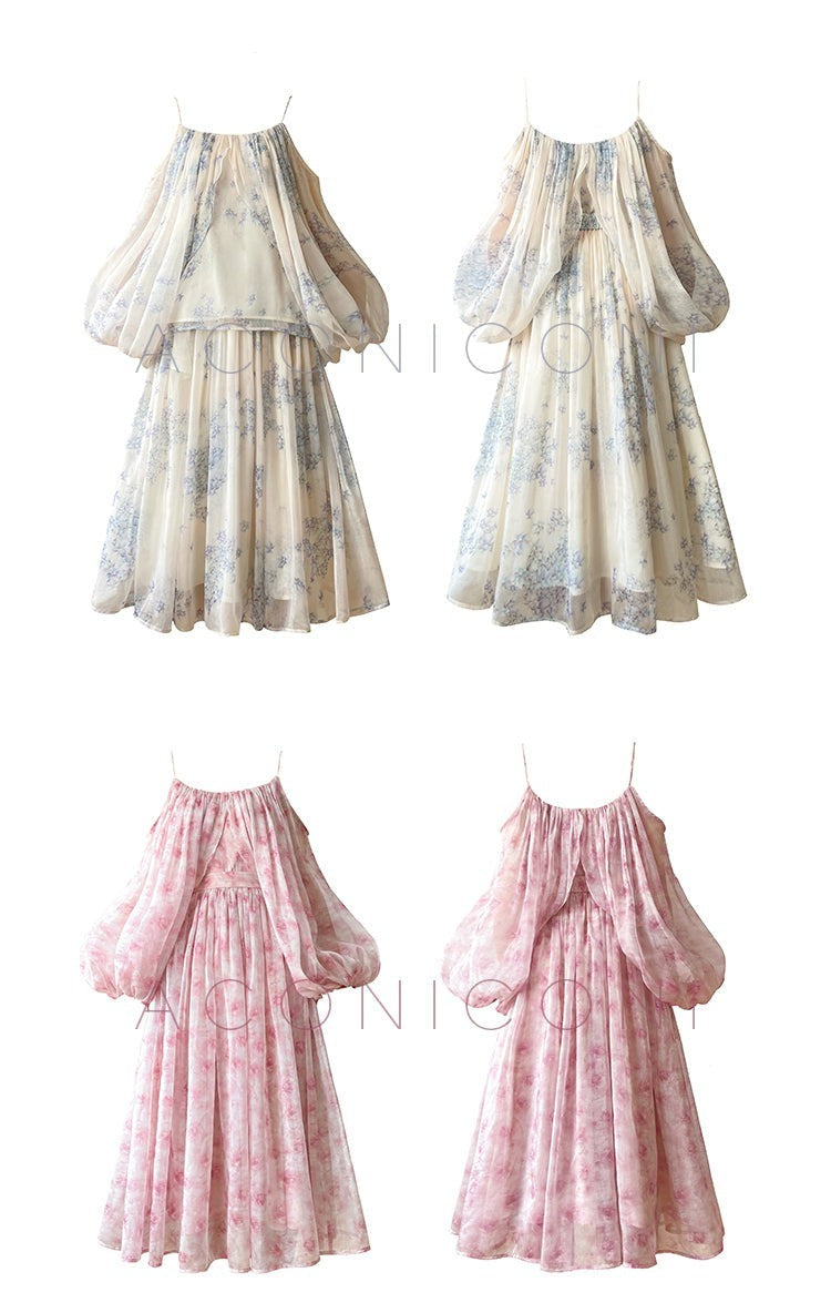 Aconiconi| Slip Off-the-Shoulder Top Skirt - Flower fairy