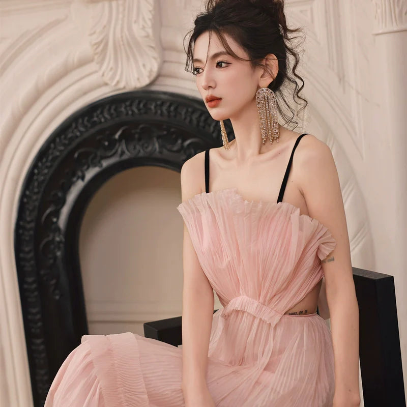 DOLLY Luxury Sleeveless Backless Strap Handmade Pleated Party Dress-GINA
