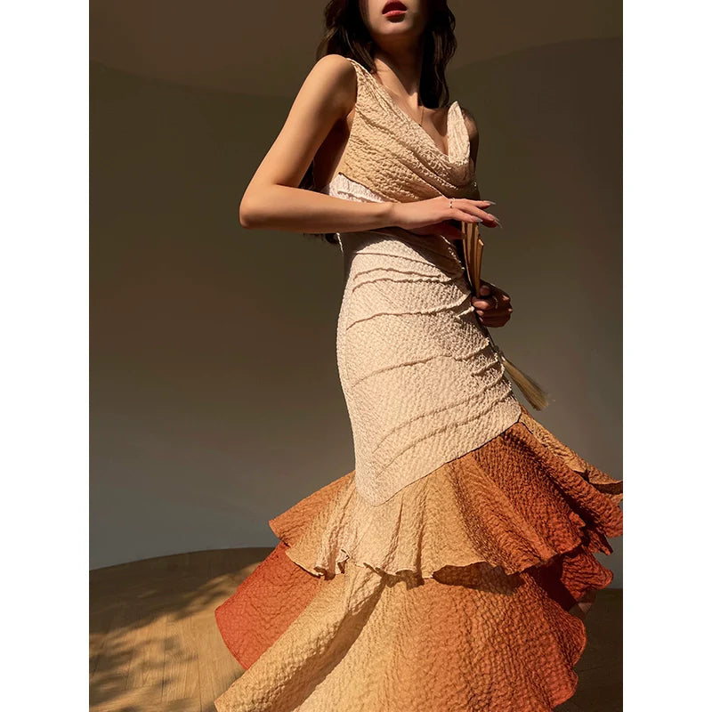 Aconiconi Luxury Sleeveless cowl neck ombre pleated hem Dress- Long Island Iced Tea