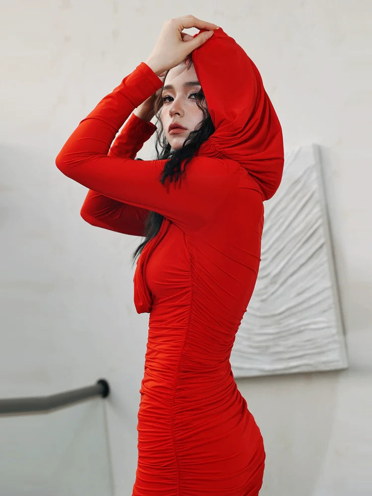 DOLLY Elegant Red Long Sleeve Hooded Slim Fit Hip Hug Short Part Dress-JUDY
