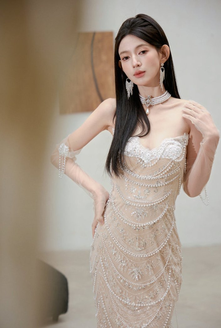 DOLLY Luxury Off White Retro Beaded Tube Top Sequin Long Wedding Dress-MARKU