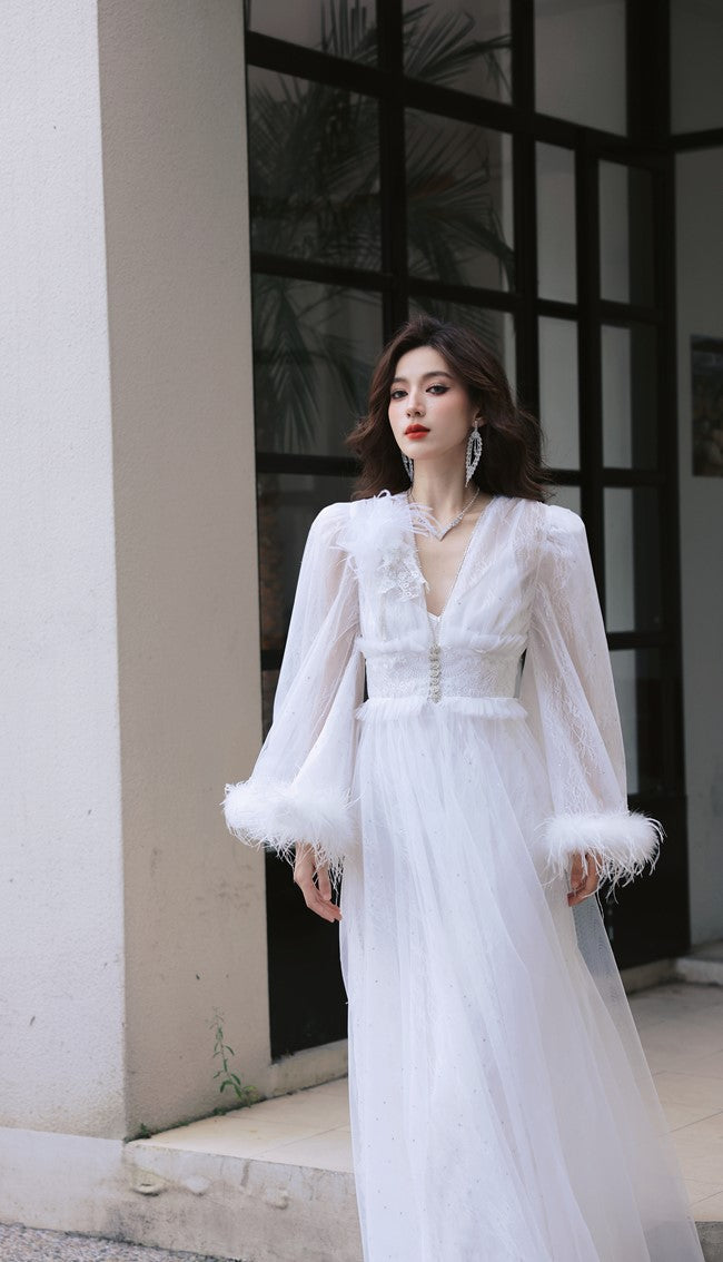 DOLLY Elegant White Deep V-Neck Lace Feather Bell Sleeves Long Robe Dress-ZOBA (V)*