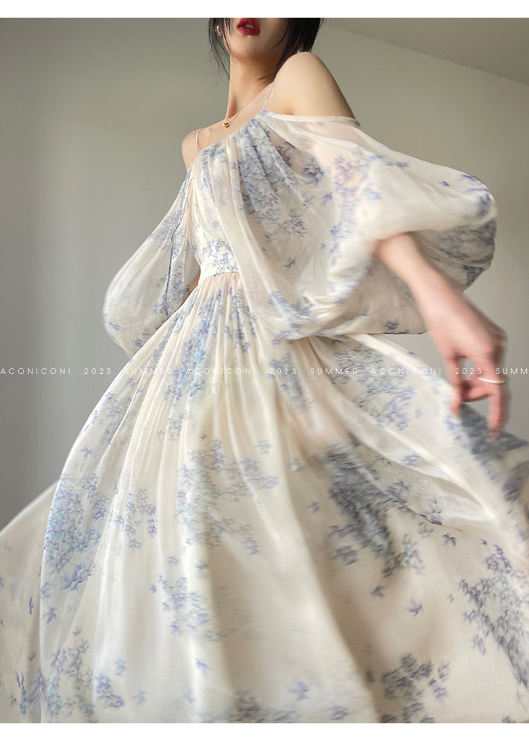 Aconiconi| Slip Off-the-Shoulder Top Skirt - Flower fairy