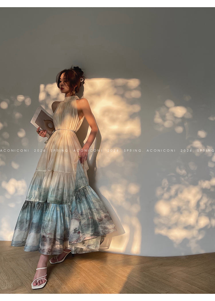 Aconiconi| Louvre Picture Reflection printed halter neck maxi skirt vacation dress - Miinia
