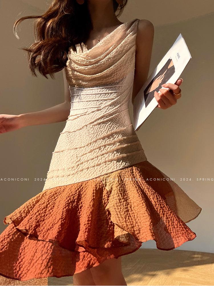 Aconiconi Luxury Sleeveless cowl neck ombre pleated hem Dress- Long Island Iced Tea