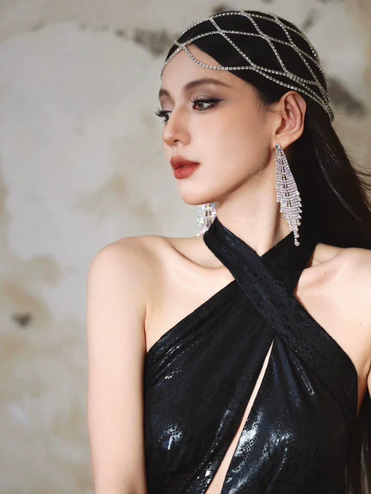 DOLLY Elegant Black Sleeveless Halter Neck Midi Slit Party Dress-Neya.