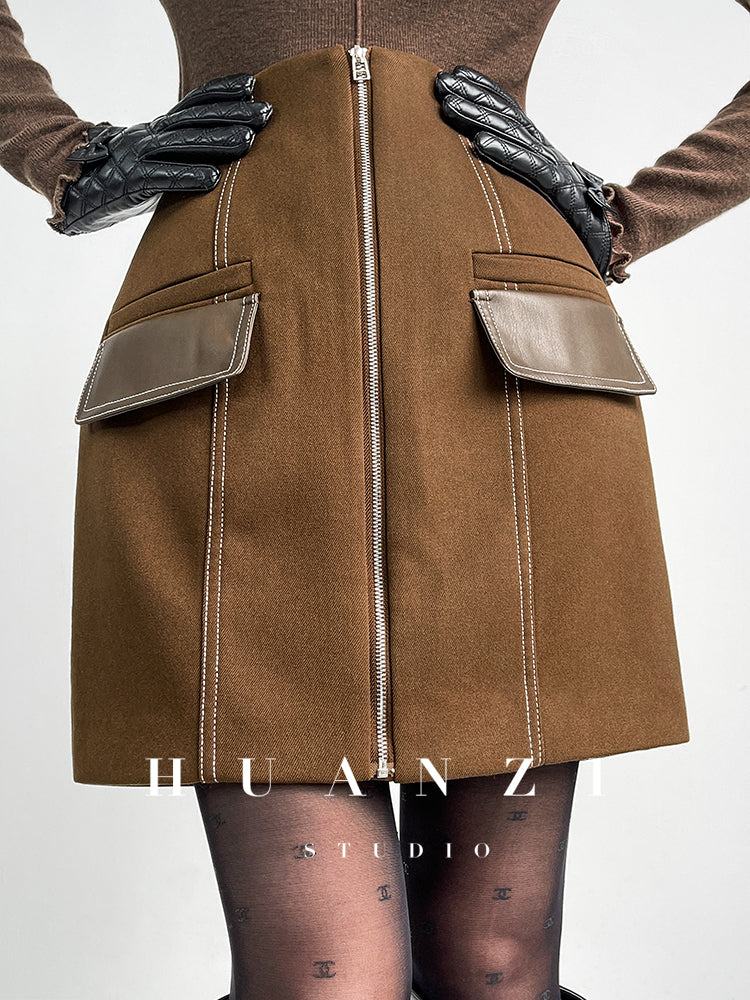 Huanzi Autumn winter foreign style zipper high-waist skirt - Riwre