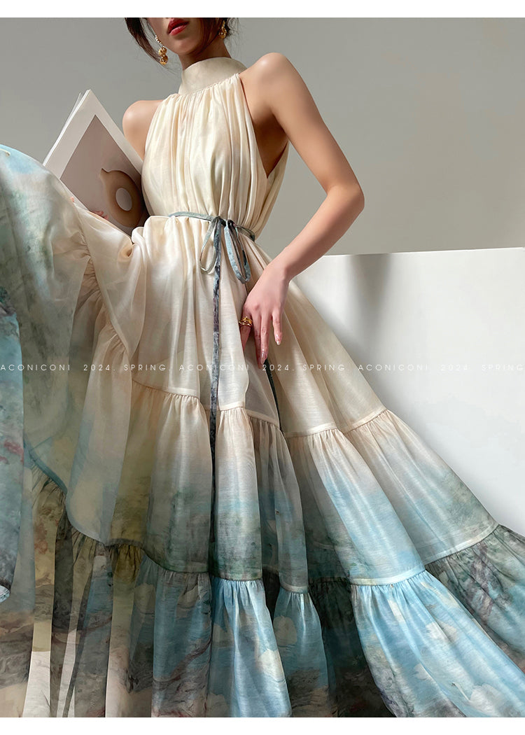 Aconiconi| Louvre Picture Reflection printed halter neck maxi skirt vacation dress - Miinia