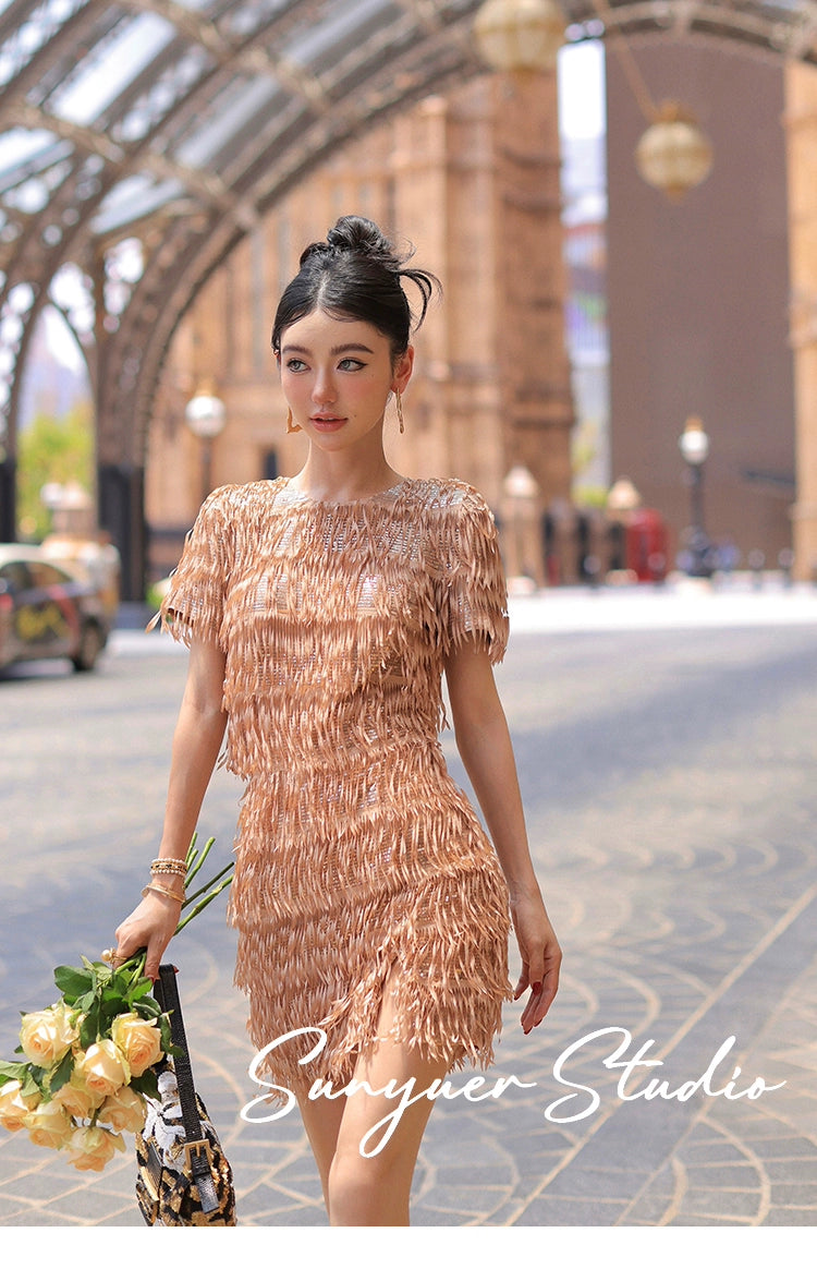 Quality Haute couture hand-cut tassel beaded pieces embroidered cocktail dress