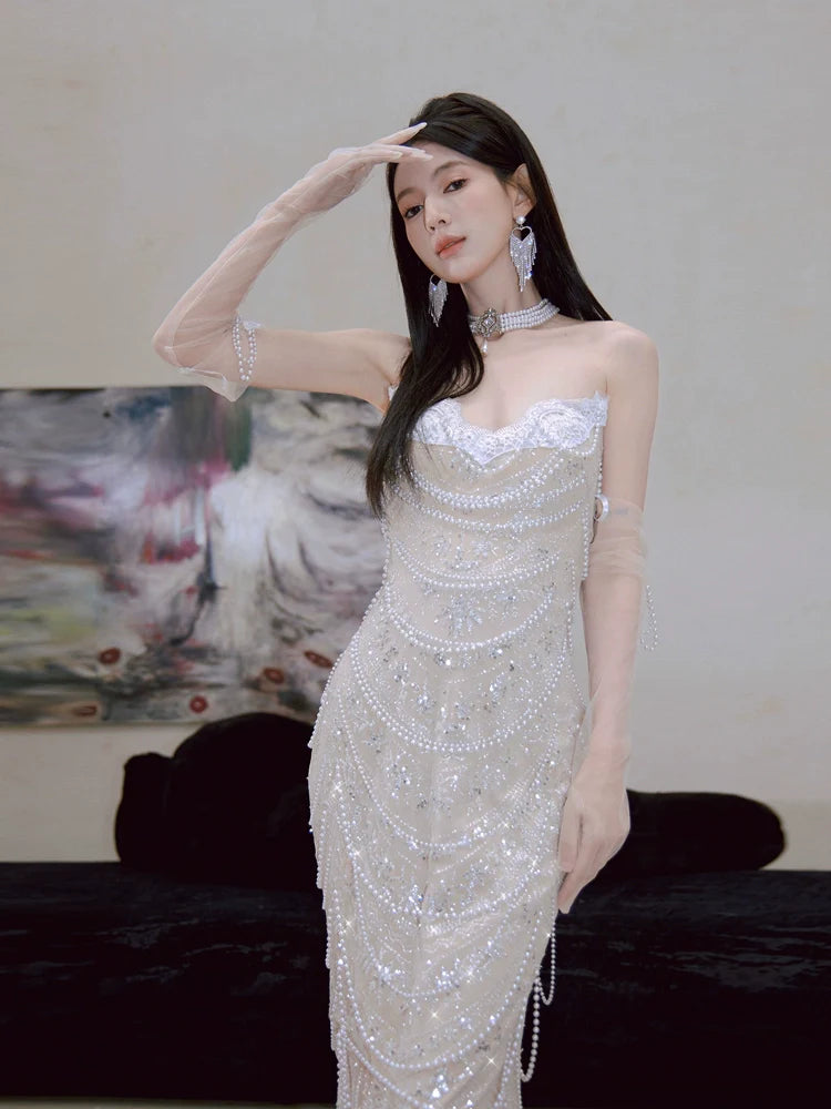 DOLLY Luxury Off White Retro Beaded Tube Top Sequin Long Wedding Dress-MARKU