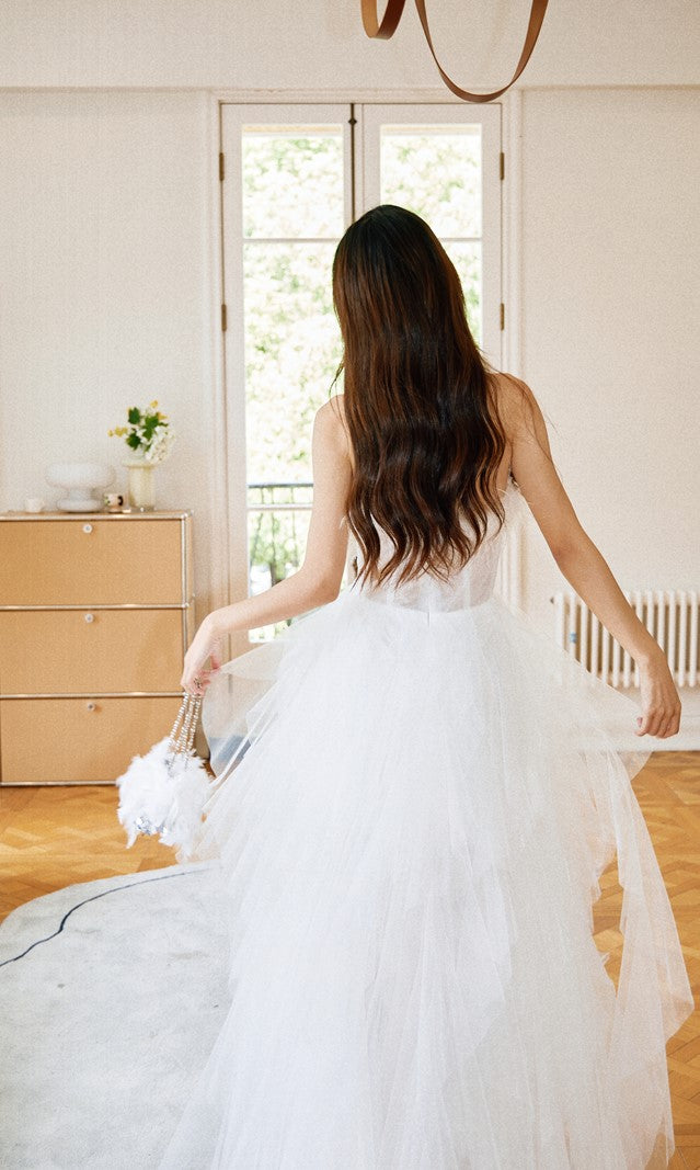 DOLLY Elegant White French Style Feather Chest Wrap Wedding Dress-MARIA (V)