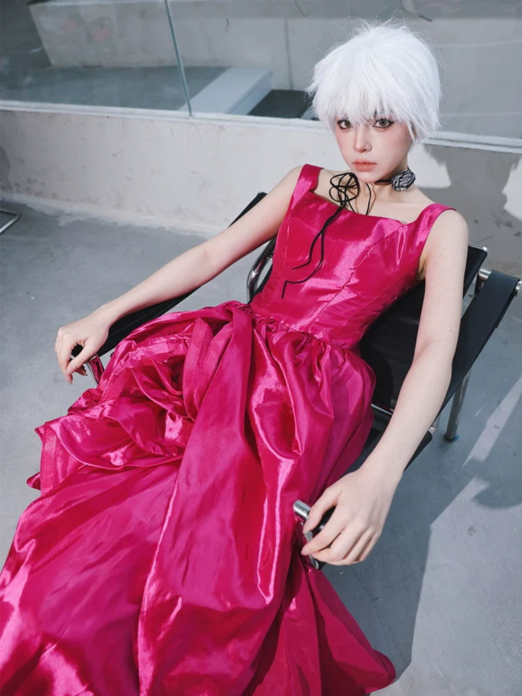 DOLLY High End Rose Square Collar Sleeveless Handmade Flower Long Dinner Dress-RITA