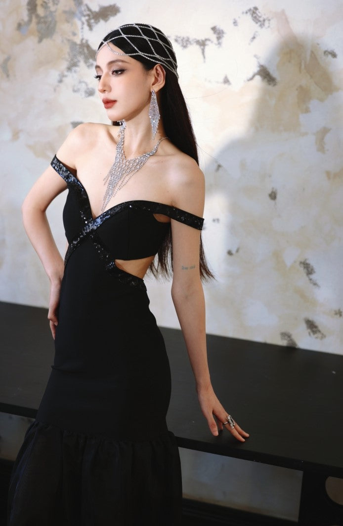 DOLLY High End Black Off Shoulder Sequin Tube Top Long Banquet Dress-Maris