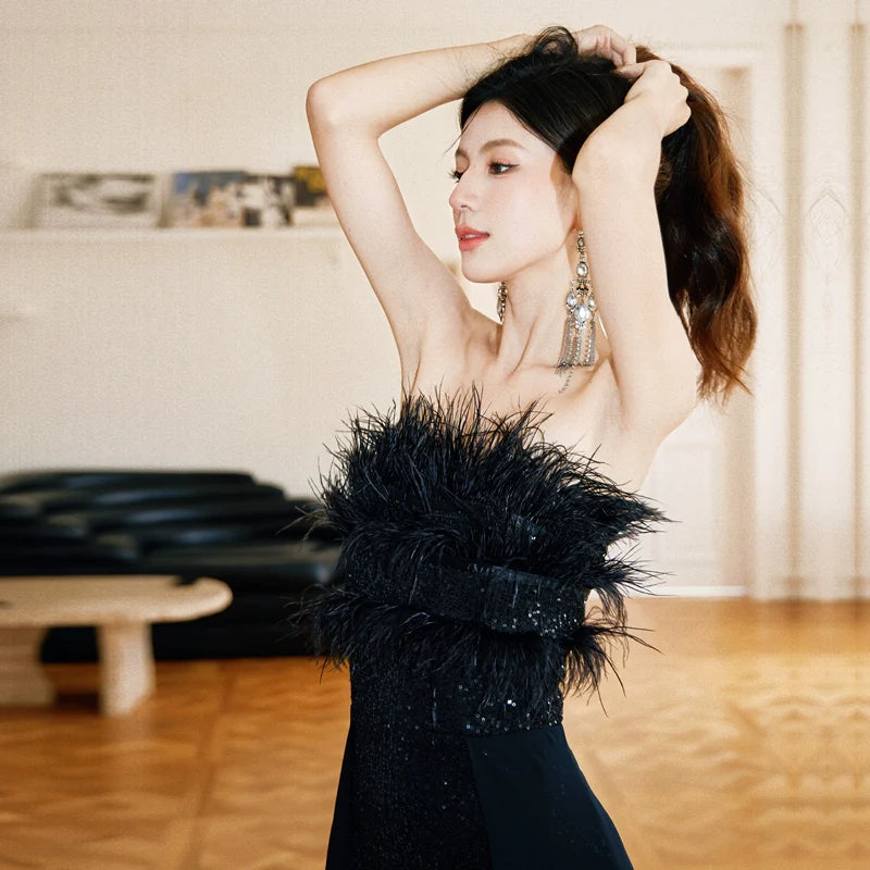 DOLLY Elegant Black Sleeveless Feather Tube Top Sequin Long Cocktail Dress-KYVELI (V)