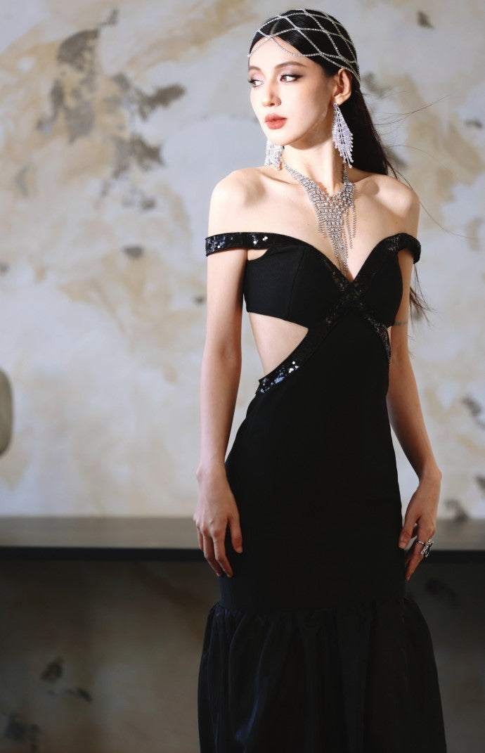 DOLLY High End Black Off Shoulder Sequin Tube Top Long Banquet Dress-Maris