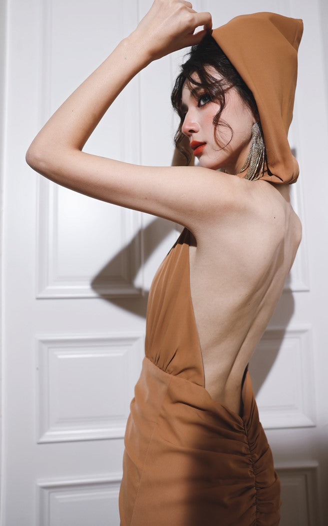 DOLLY Elegant Caramel Brown French Style Sleeveless Halter Collar Long Dinner Dress-PRIME (V)