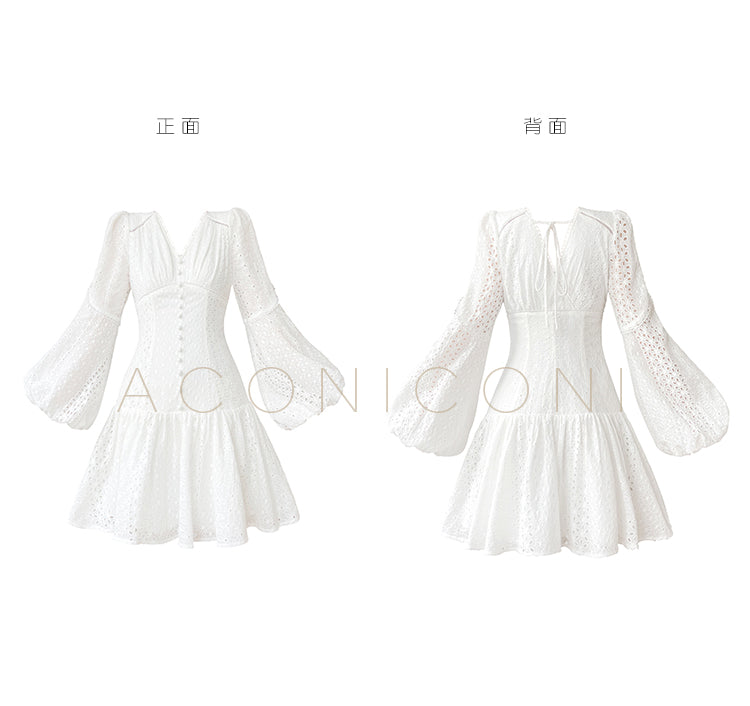 Aconiconi| French coffee break lace cotton white dress - Smoke