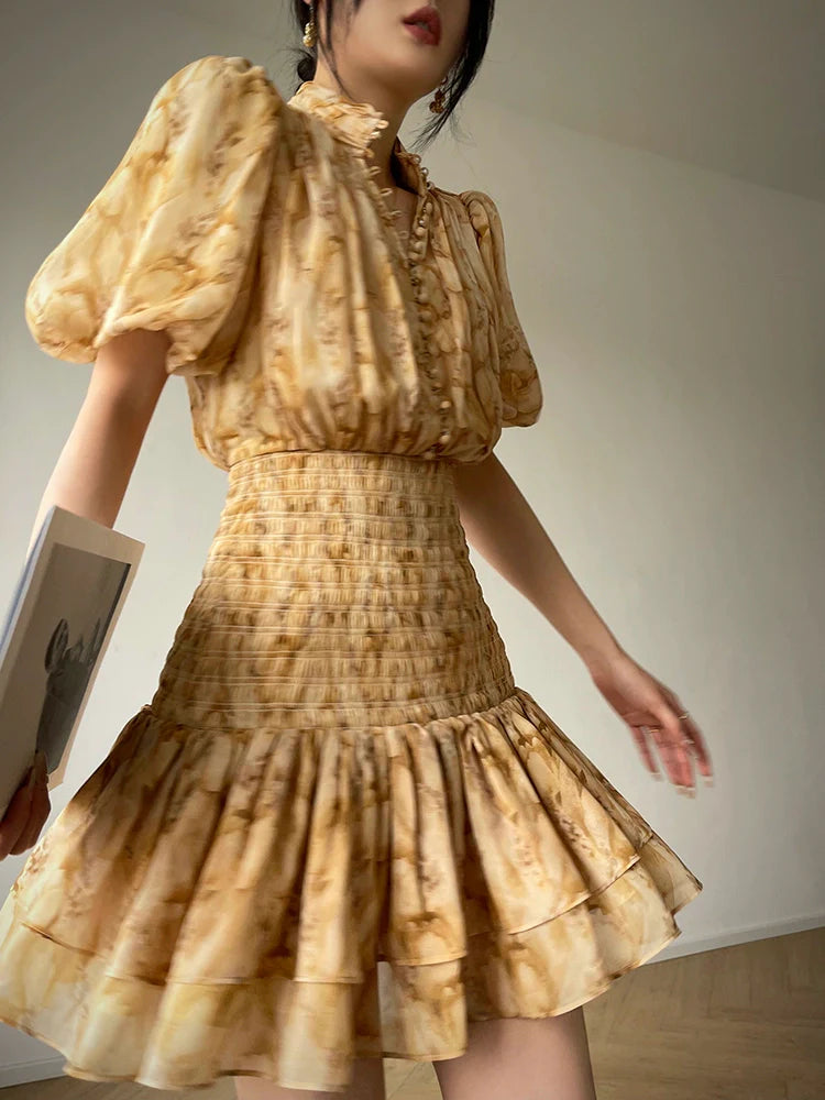 Aconiconi V-Neck Short Sleeve Dress- Pineapple Tower