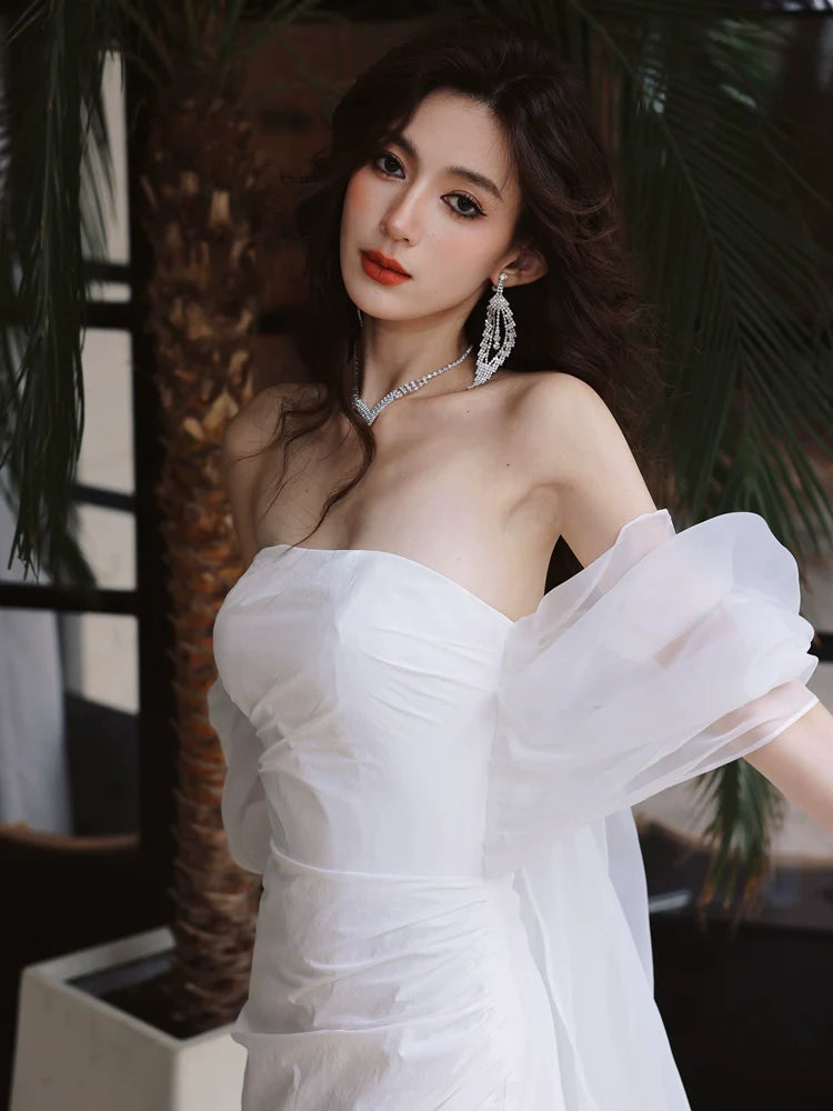 DOLLY Elegant White Off Shoulder Short Puff Sleeve High Waist Wedding Dress-NIKKA