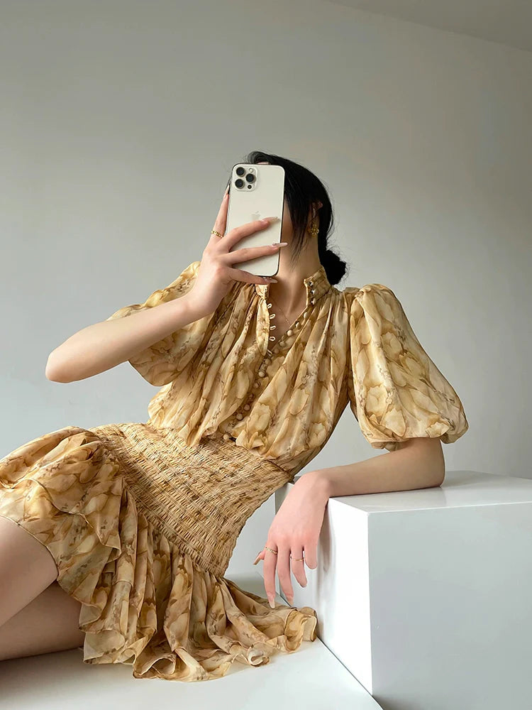 Aconiconi V-Neck Short Sleeve Dress- Pineapple Tower